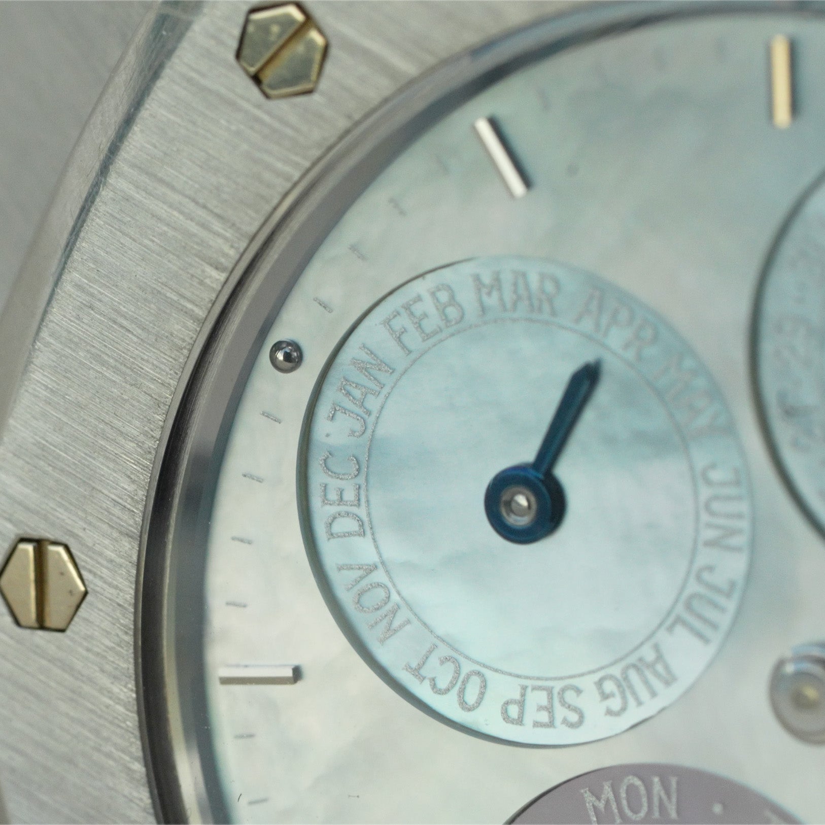 Detail of sub-dial made of  Mother of Pearl on Audemars Piguet Royal Oak