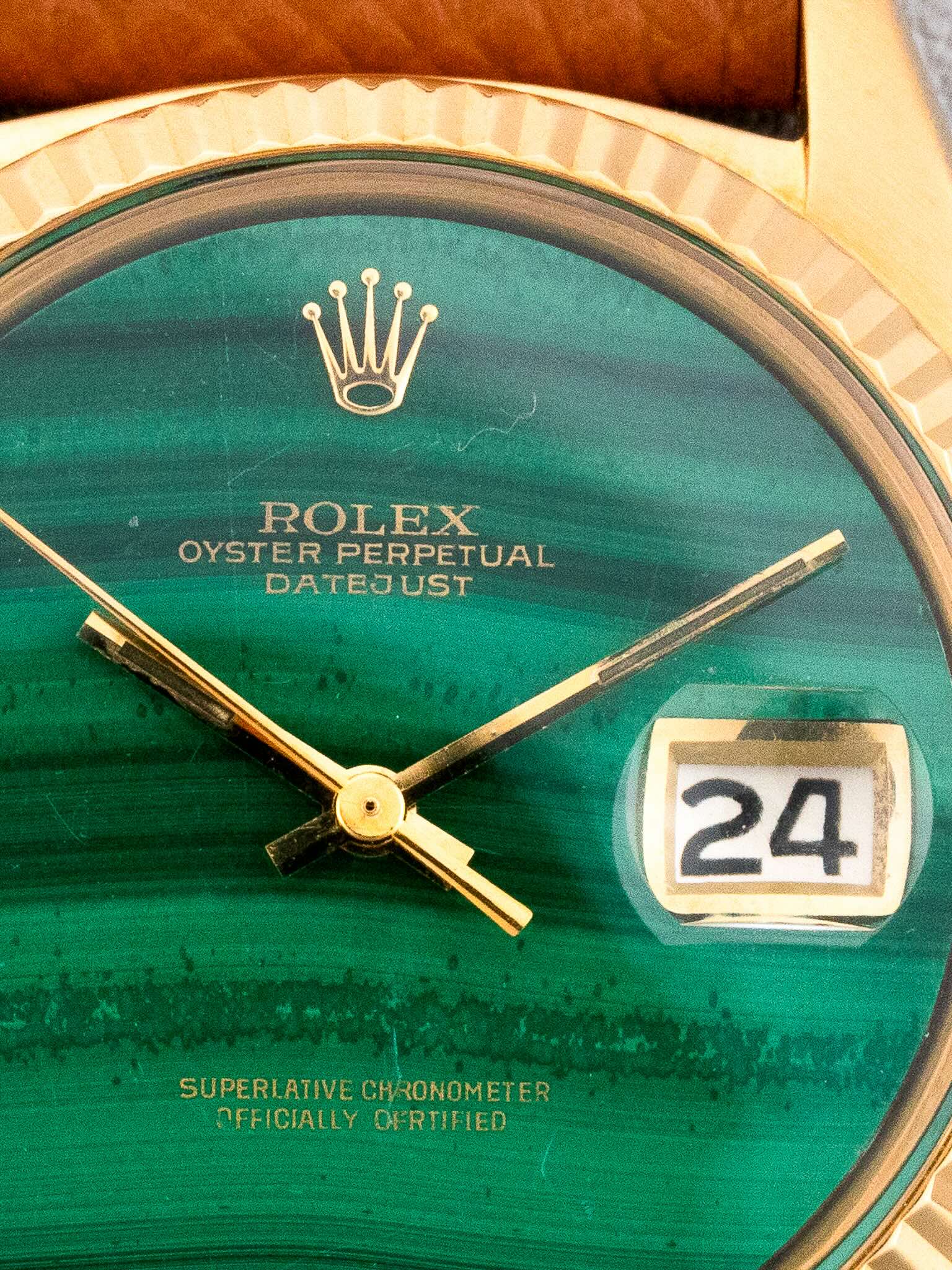 Detail of Malachite dial on Rolex Datejust 1601/8 in Yellow Gold 