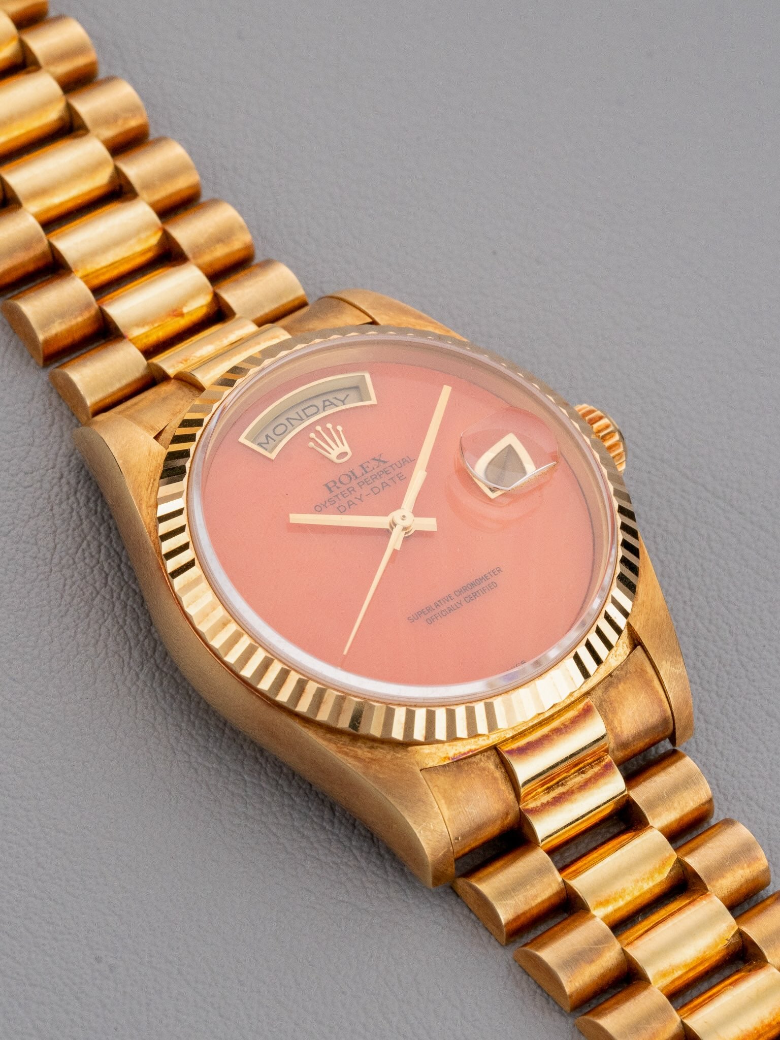 Detail of Rolex Day-Date ref.18238 in Yellow Gold Coral dial